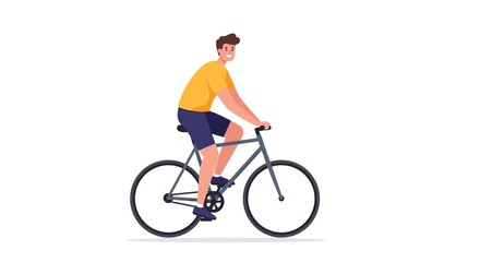Obraz premium A smiling man in casual attire rides a bicycle, looking back over his shoulder.