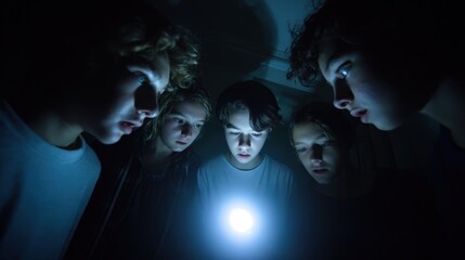 A group of teenagers telling scary stories around a flashlight in a dark room, their faces lit from below, suspenseful atmosphere. 