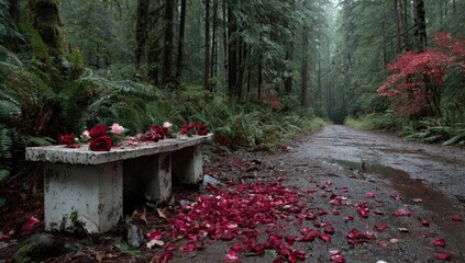 Rain-soaked forest path, bench with roses