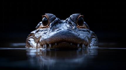 Fototapeta premium Close-Up Portrait of a Crocodilian Emerging from Dark Water at Night in Natural Habitat