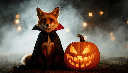 A glowing pumpkin with a clever fox. This unique visual is both spooky and charming, with a cinematic background.