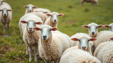 Fototapeta premium Flock of sheep in the field. Farm animal husbandry concept.