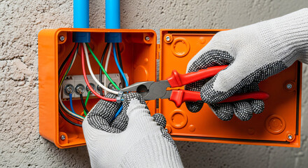 Electrical Box Wiring: Hands Cutting Wires in Conduit