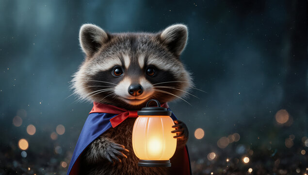 A humorous raccoon holding a small glowing lantern. Its playful smile creates a fun, eye catching Halloween visual.