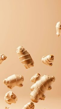 Dynamic shot of fresh ginger rhizomes levitating mid-air. The image showcases their irregular shapes and textures. The interplay of light and shadow adds depth to the composition.