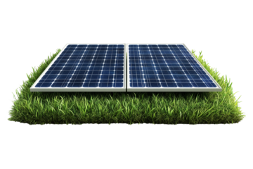 Two solar panels side by side on green grass with multiple photovoltaic cells grid layout isolated on white background eco friendly renewable energy generation concept