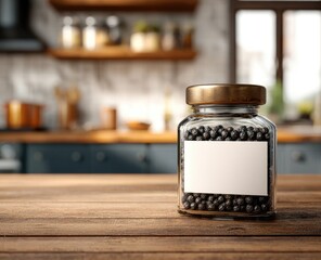 Kitchen jar of dark seeds on a table