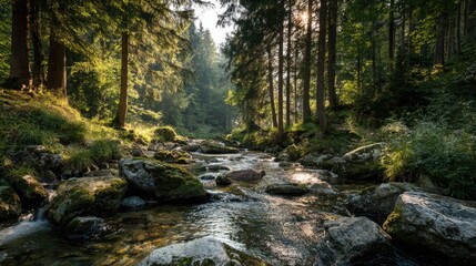 Obraz premium Sunlight streams through a serene forest stream