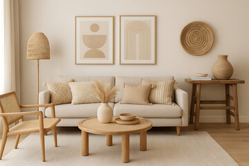 A cozy, minimalist living room featuring neutral tones, natural materials, and stylish decor with modern art pieces.