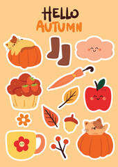 set of cartoon autumn sticker sheet. cute drawing with cartoon cat and autumn element for autumn fall sticker, icon