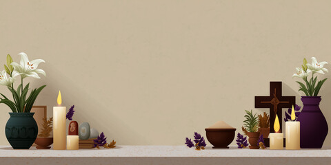 A serene arrangement with flowers, candles, and religious symbols evokes peace and contemplation. A calming, sacred atmosphere.