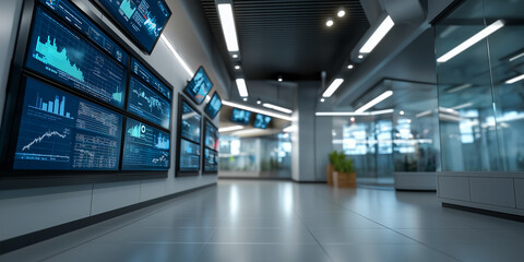 A modern interior featuring multiple screens displaying charts and graphs, creating a high-tech monitoring environment.