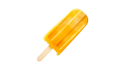 Vibrant yellow orange popsicle single png with wooden stick, tropical summer ice cream bar dessert illustration with textured surface isolated on white