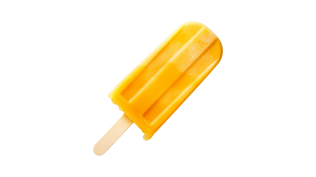 Vibrant yellow orange popsicle single png with wooden stick, tropical summer ice cream bar dessert illustration with textured surface isolated on white - Powered by Adobe