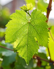 Fototapeta premium Close-up of a vibrant green grape leaf covered in dew drops, showcasing intricate details and a refreshing, natural feel.