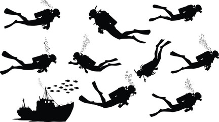 Silhouettes of scuba divers underwater, deep sea diving, scuba diving adventure, underwater exploration, marine life discovery, scuba gear silhouettes, diving bubbles, shipwreck diving