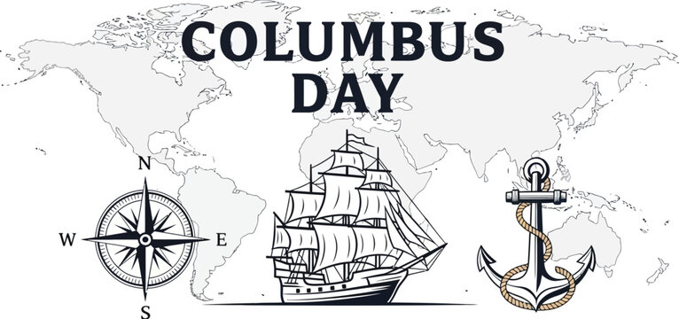 Columbus day celebration with a world map, compass, ship, and anchor