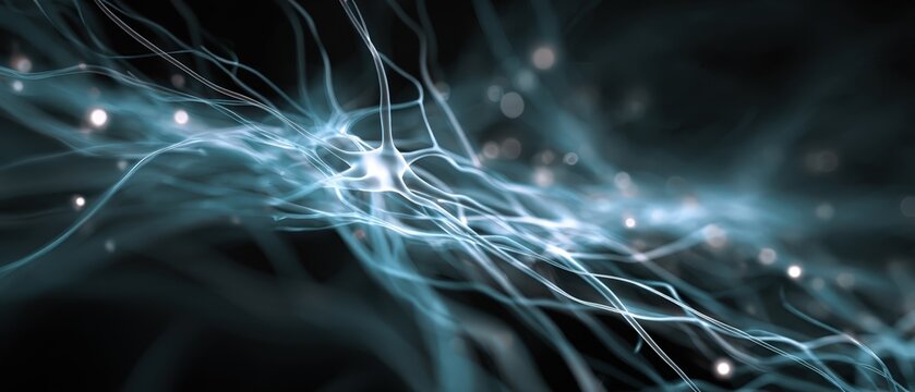 Abstract AI neural network lines, depth, glows, dark background, scientific aesthetic