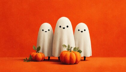 Ghosts with expressive faces and pumpkins. Flat design.