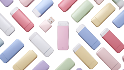 Pastel-colored rectangular devices, possibly flash drives, arranged in a grid pattern