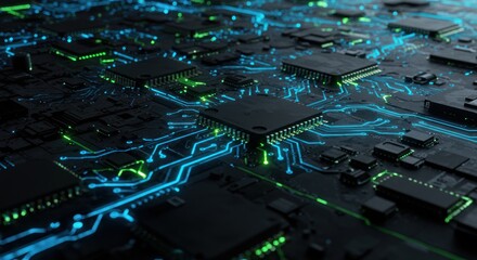 Close-up view of a circuit board with glowing electrical pathways and processors.