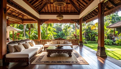 Fototapeta premium Serene Outdoor Living Space in Tropical Setting with Wooden Accents