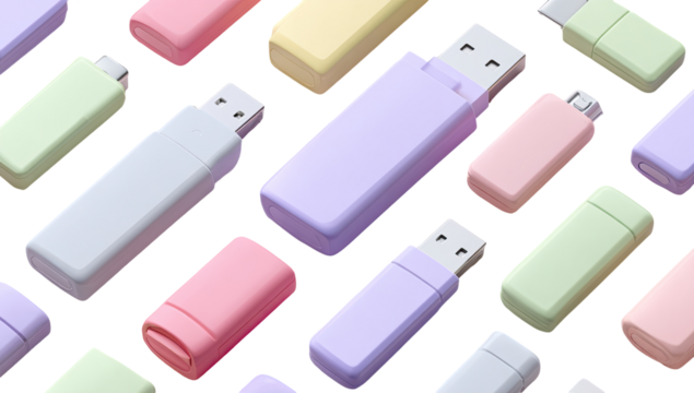 Many colorful USB flash drives arranged in a grid pattern. Pastel shades of lavender, light pink, pale yellow, and mint green. 3D rendering style - Powered by Adobe
