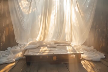Serene Scene with Wooden Platform and Flowing White Curtains Bathed in Warm Sunlight for Interior Design and Artistic Concepts