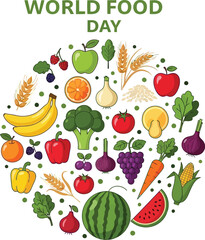 World food day with fruits and vegetables in a circle to promote awareness of food security