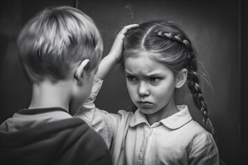 Lonely sad schoolgirl suffering from emotional bullying and isolation at school. Upset bullied child experiencing peer pressure and mental stress in a school. Child depression. Bullying. Loneliness. 