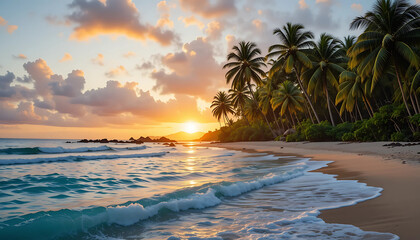 A breathtaking tropical beach sunset casts a warm glow over the ocean, with palm trees swaying over the golden sand