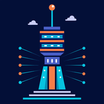 Futuristic server tower emitting digital data streams and binary code