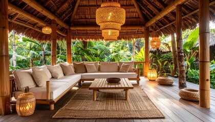 Fototapeta premium Cozy Tropical Outdoor Living Space with Stylish Furniture and Decor