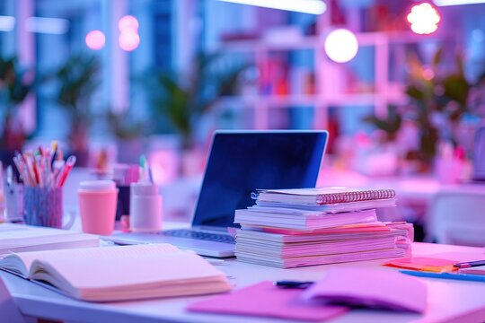 Brightly lit study space with colorful decor and organized materials for effective work during evening hours