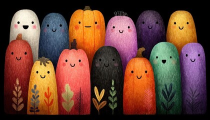 Ghosts with expressive faces and pumpkins. Flat design.