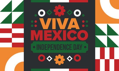 Viva Mexico. Mexican Independence Day. Happy holiday. Celebrate annual in September 16. Freedom day. Patriotic mexican design. Poster, card, banner, template, background. Vector illustration