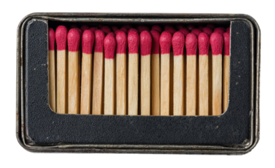 A metal matchbox filled with wooden matches.  Red tips are visible