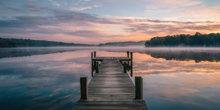 Lakeside dock at sunrise, still water, gentle mist, pastel tones, tranquil