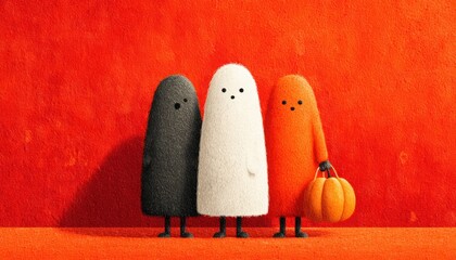 Ghosts with expressive faces and pumpkins. Flat design.
