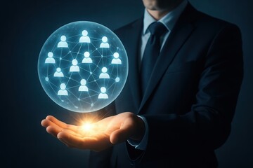 Businessman holding futuristic glowing globe of connected people icons for global network