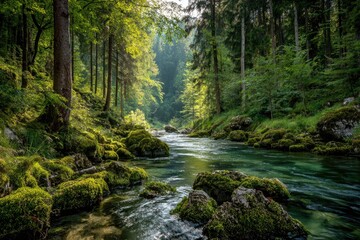 Lush forest stream scene
