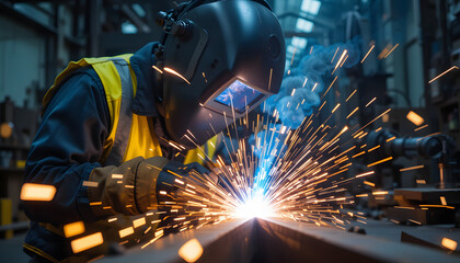 Industrial welder in protective gear welding a metal beam with bright sparks in a factory