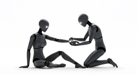 Two metallic humanoid figures sharing glowing light energy transfer AI Future Technology Connection Innovation