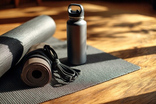 Fitness at home: resistance bands, mat, water bottle, natural sunlight, minimalist gear, no logos 