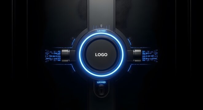 Dark futuristic user interface with glowing blue circle locked cyber security technology data access system