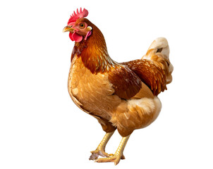 Fototapeta premium Hen Standing Amid Flowers with Easter Eggs, angled side view, isolated on transparent background PNG