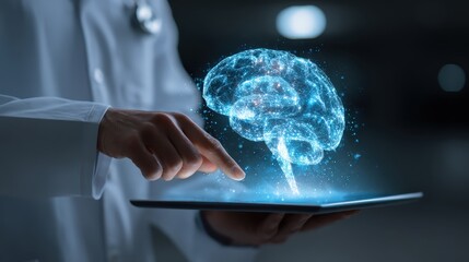 Healthcare AI: brain hologram over tablet, doctor coat sleeve cropped, clinical blue light