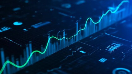 Futuristic digital financial data visualization with glowing green line graph and bar charts on dark blue interface for stock market analysis and business - Powered by Adobe
