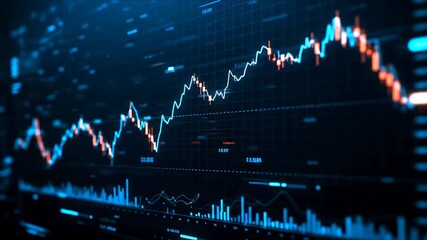 Detailed financial stock market chart with blue and red candlestick patterns and volume bars on dark digital interface for trading analysis and investment strategy - Powered by Adobe
