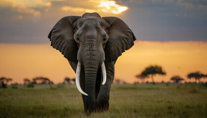 A lone bull elephant with large tusks walks across the savanna at sunset, a striking image of African wildlife